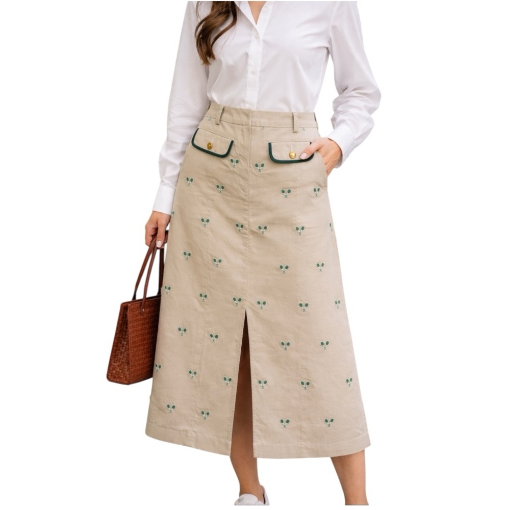 Anthropologie Tennis Ratchet Print Slit Front Khaki Maxi Skirt Small